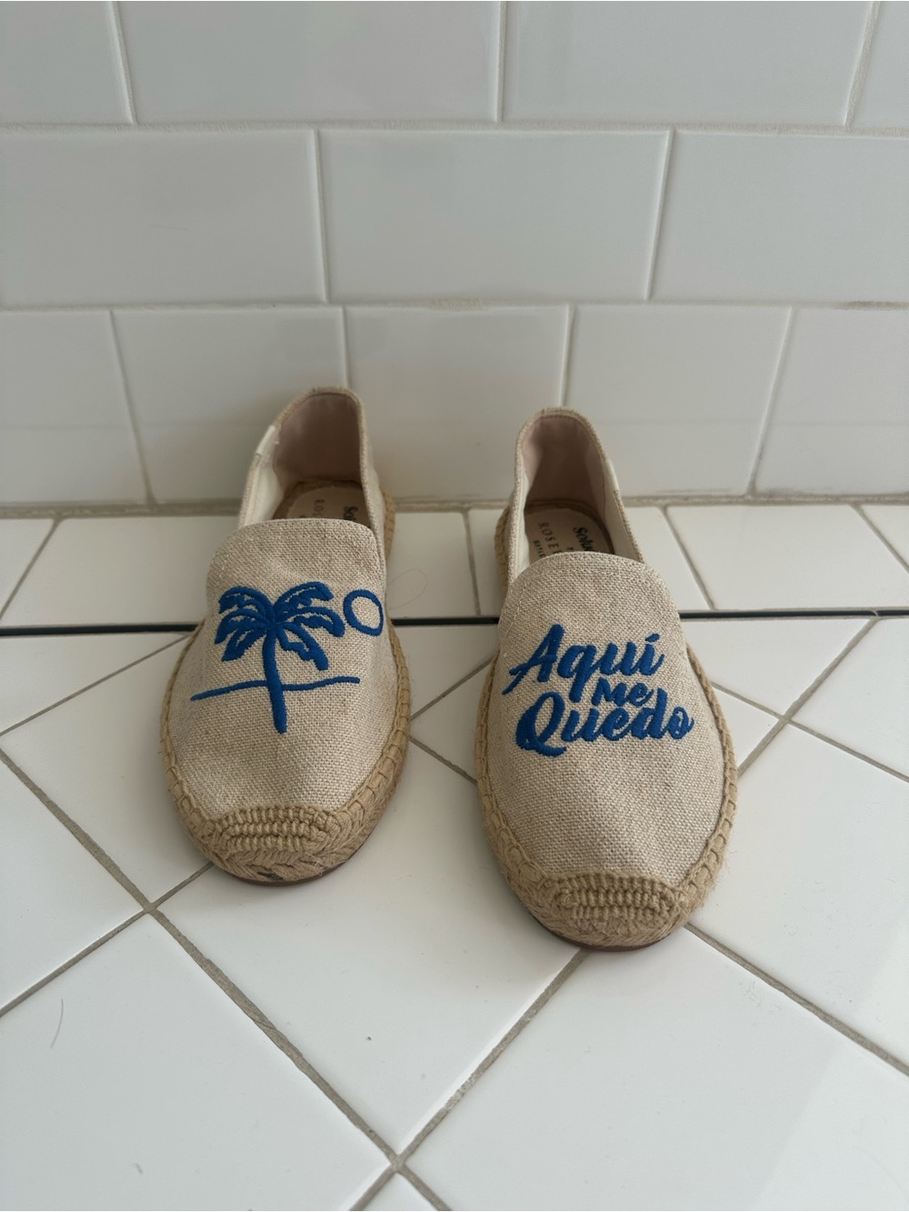 Soludos Natural Canvas Kids Moccasins with Blue Embroidery
